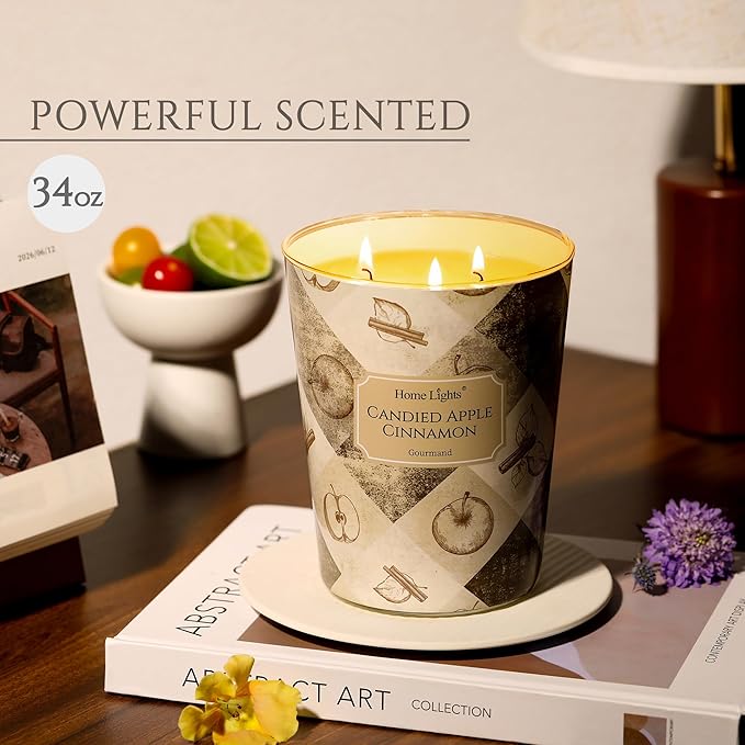 HomeLights 3-Wick Candles for Home Scented - 34oz Soy Wax Blend Candle Long-Lasting Fragrance, Rustic Modern Home Decor and Housewarming Gifts, Candied Apple Cinnamon