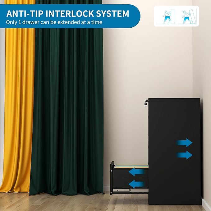 AQY 3 Drawer File Cabinet with Lock, Metal Black Filing Cabinet for Home Office, 18" Deep Heavy Duty Vertical Storage Cabinet for Hanging A4/Letter/Legal Size Files, Assembly Required