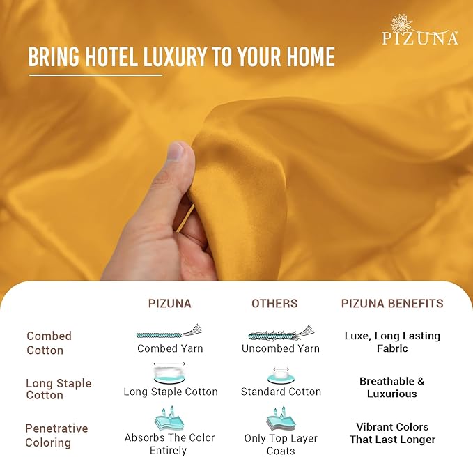 Pizuna Pure 100% Cotton Full Duvet Cover Set, Luxurious 400 Thread Count Long Staple Cotton Sateen Weave with Button Closure (Combed Honey Gold Cotton Duvet Cover Full)