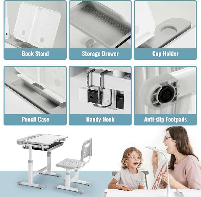 Rengue Kids Desk and Chair Set Height Adjustable School Study Desk and Chair with 55° Tiltable Desktop, 3 Modes &3 Brightness LED Lamps, Storage Drawer and Metal Hook for Boys Girls Gifts (Grey)