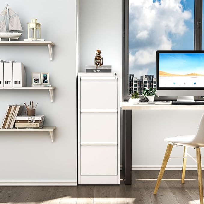 File Cabinet, Vertical File Cabinets with Lock for Home Office,Heavy Duty Office Steel Filing Cabinet for Hanging Letters/Legal/A4, Assembly Required (White, 3 Drawers)