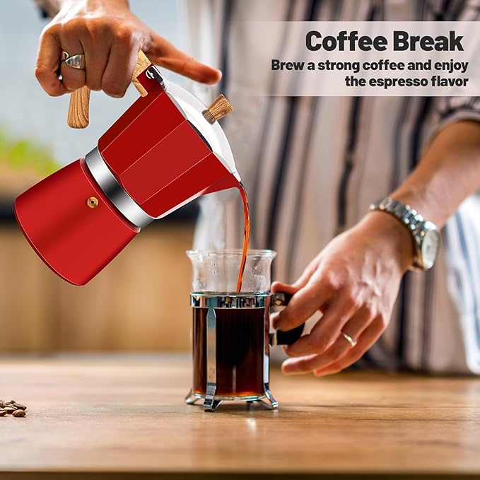 6 Cup Aluminum Moka Pot Classic Stovetop Espresso Coffee Maker 300ml 10oz Coffeemaker Percolator Mocha Pot Greca Coffee Maker Cafe Makers for Italian and Cuban Café Brewing Red