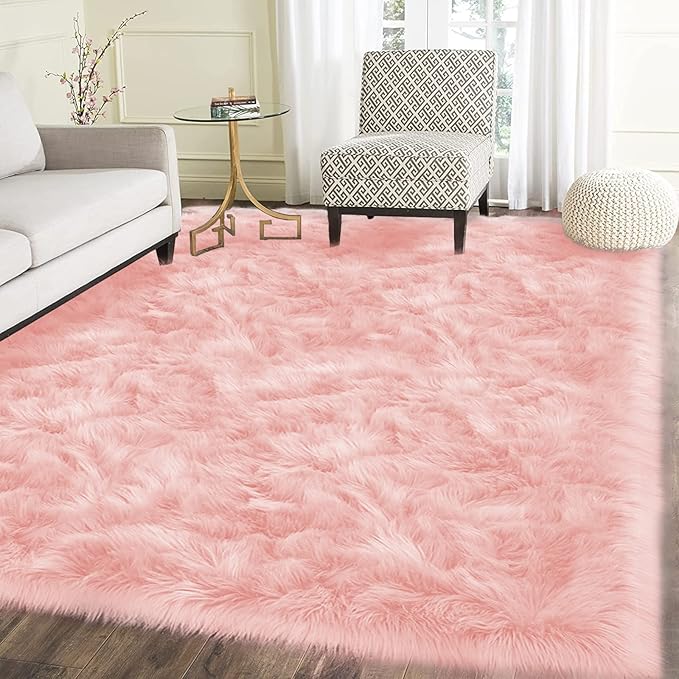 Latepis Pink Bedroom Rug 4x6 Area Faux Sheepskin Rug Fluffy Fur Rugs for Living Room Furry Bedside Rugs for Girls Room Luxury Home Decor
