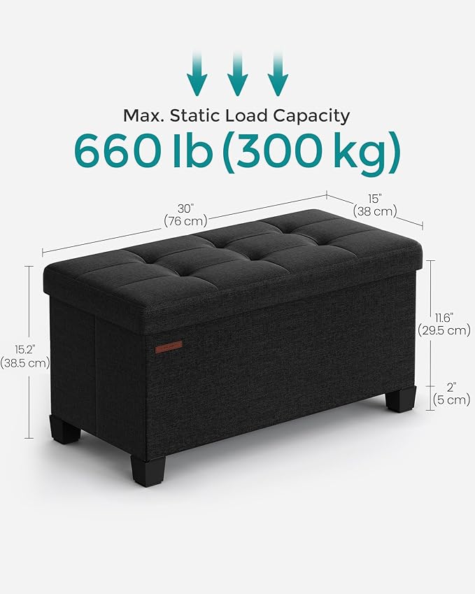 SONGMICS Storage Ottoman Bench, Foldable Foot Rest with Legs, 15 x 30 x 15.2 Inches, End of Bed Bench, Storage Chest, Load up to 660 lb, for Living Room, Bedroom, Entryway, Ink Black ULSF016B01