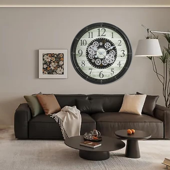 30" Farmhouse Series Wall Clock, Vintage Industrial Style, Steampunk 3D Arabic Numeral, Moving Gear Wall Decor for Living Room, Dining Room, and Entryway