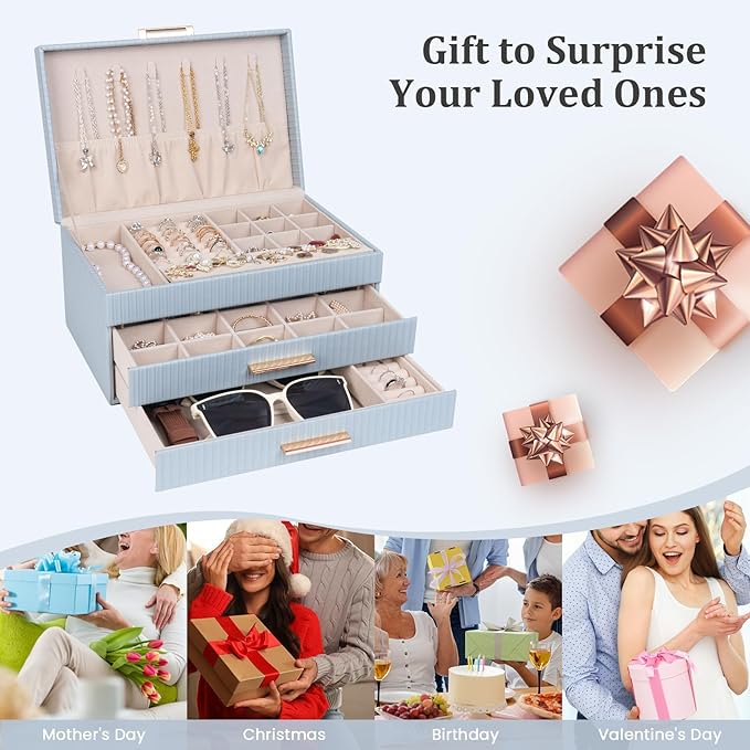 Dajasan Jewelry Organizer Box, Jewelry Storage Organizer with 2 Drawers, 3-Tier Large Jewelry Gift Box for Women, Girls, Friends, Wife or Mother, Gift Idea (Smoky Blue)