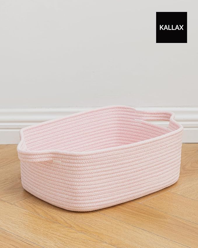 KALLAX Small Woven Basket, 14 x 10 x 5.6 Inches, Small Storage Baskets for Organizing, Gift Baskets Empty, Cute Rope Shelf Closet Storage Bins for Shelves, Dog Toy Basket, Light Pink