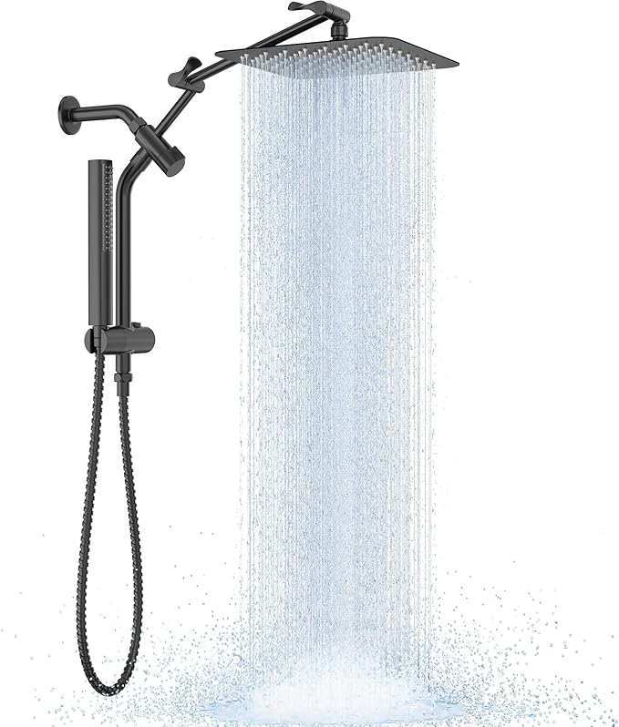 Veken 10" Luxurious All Metal Rain Shower Head with Handheld Spray Combo, High Pressure Rainfall Square Shower Heads with Extension Arm, Wide Dual Showerhead, Bathroom Accessories, Matte Black