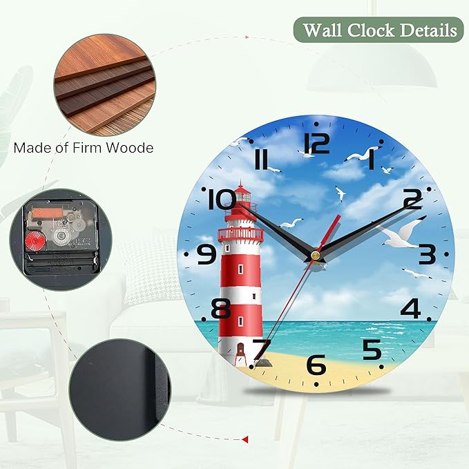 Wall Clocks Battery Operated,Lighthouse Clock for Living Room,Seagull Seaside Decorative Wall Clock for Living Room,Bedroom,Kitchen,10 Inch