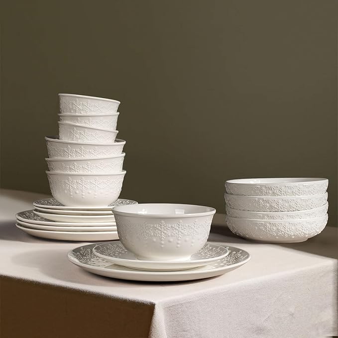 Small Ceramic Bowls - 14 Oz Ice Cream Bowls Set of 4, White Embossment Dessert Bowl for Kitchen, Soup, Side Dishes, Oatmeal, Rice, 4.75 Inch Microwave Oven Safe(Snowflake)