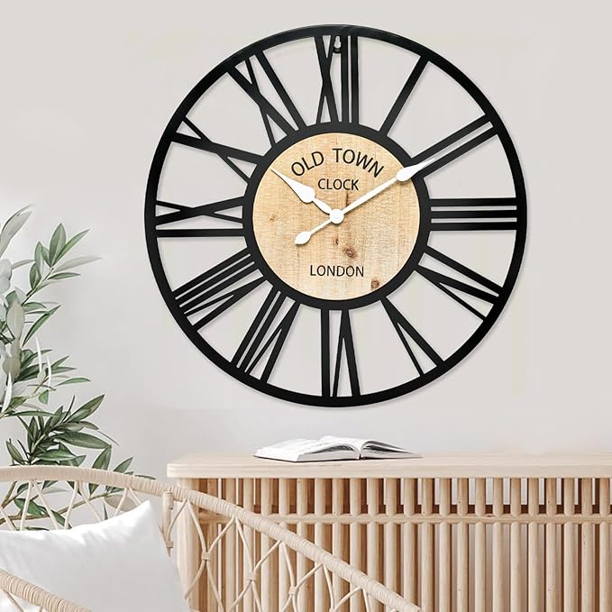 Large Old Town Wall Clock - Decorative Antique 24-inch Silent Non Ticking Clock for Farmhouse, Dining Room, Bedroom, Kitchen - Black Metal and Wood Clocks