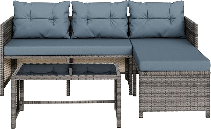 Vongrasig 3 Pieces Patio Furniture Sets, All-Weather Wicker Outdoor Sofa Couch Sectional Set, Small Conversation Set for Patio, Garden w/Cushion, Glass Table, (Blue)