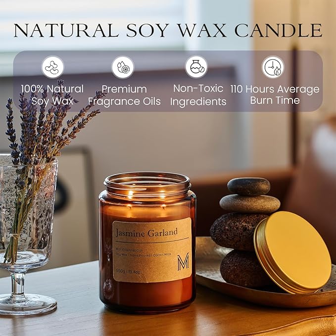 M&SENSE Jasmine Garland Home Scented Candle | 19.4oz, 115-Hour Burn | Natural Organic Soy Wax | Long-Lasting for Stress Relief and Gifting | for Bedroom,Relaxing SPA,Office