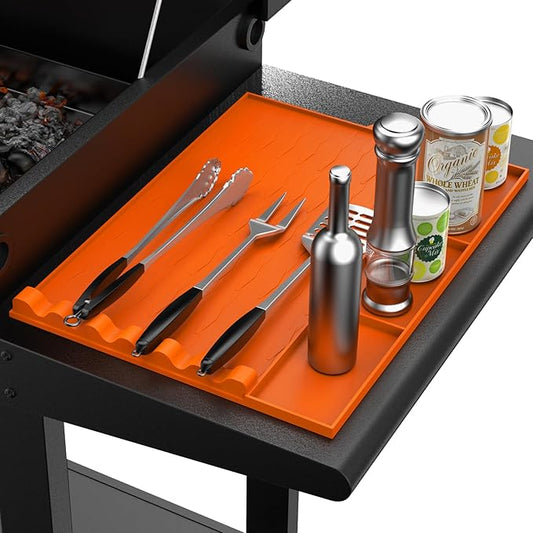 Upgrade Silicone Grill Mat for Blackstone and Most Grills with 3 Separate Storage, Griddle Tools Mat BBQ Grill Accessories, Spatula Holder & Side Shelf Protector for Outdoor Grill and Kitchen Counter