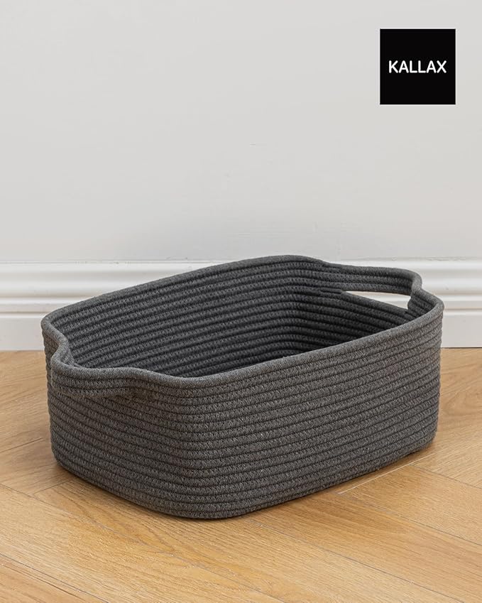 KALLAX Small Woven Basket, 14 x 10 x 5.6 Inches, Small Storage Baskets for Organizing, Gift Baskets Empty, Cute Rope Shelf Closet Storage Bins for Shelves, Dog Toy Basket, Dark Grey