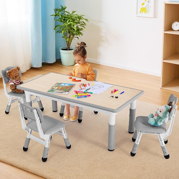 Arlopu Kids Table and 4 Chair Set, Height Adjustable Toddler Table and Chair Set, Non-Slip Legs, Graffiti Desktop, Large Children Activity Table, Reading Daycare Classroom Home (Grey)