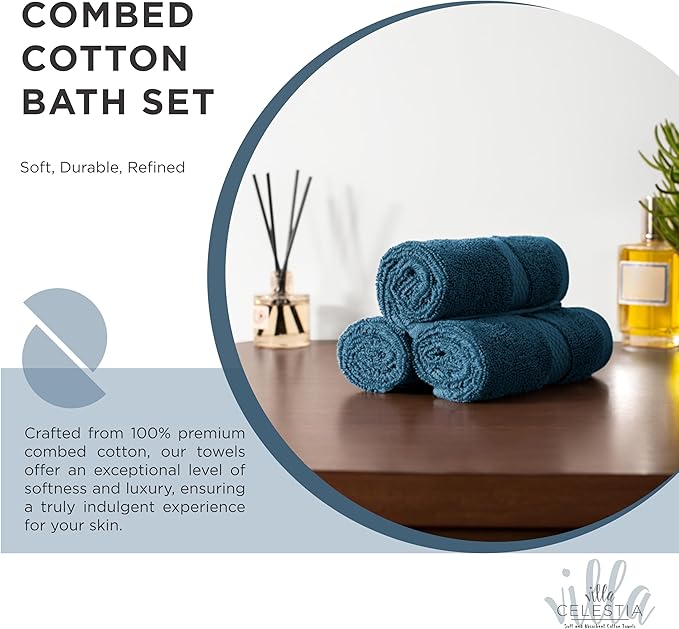 100% Cotton Bath Towel Set of 24-6 Bath Towels, 6 Hand Towels, 12 Wash Cloths, Sustainable, Soft, Highly Absorbent, Combed Cotton 24 Piece Set for Hotels, Spa, Bathroom, Dorm, Blue