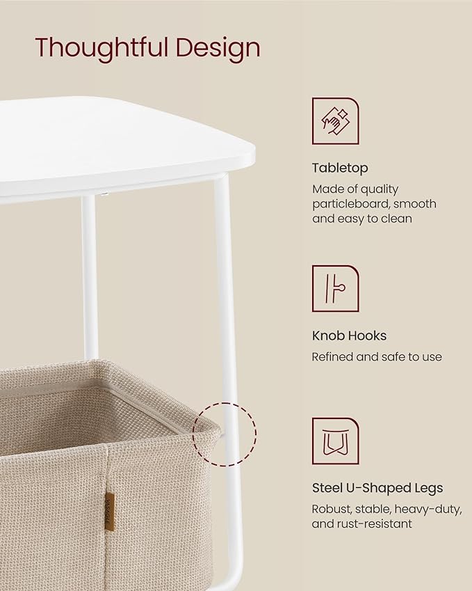 VASAGLE End Table, Side Table with Fabric Basket, Modern Nightstand, Square Bedside Table, for Living Room, Bedroom, Matte White and Camel Brown ULET229W10