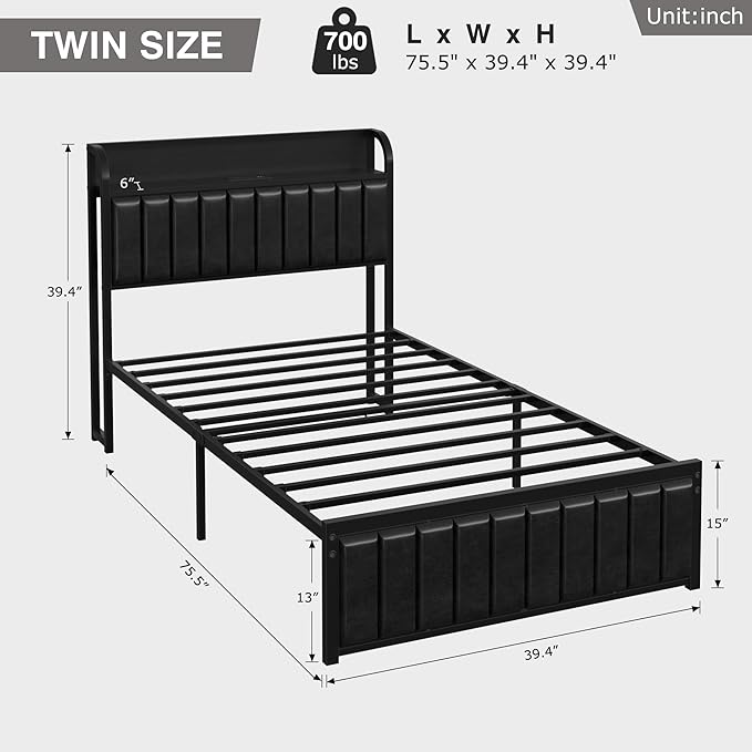 VECELO Twin Bed Frame with Headboard, Upholstered Platform Bedframe, Heavy Duty Metal Slats, No Box Spring Needed, Easy Assembly, PU Black