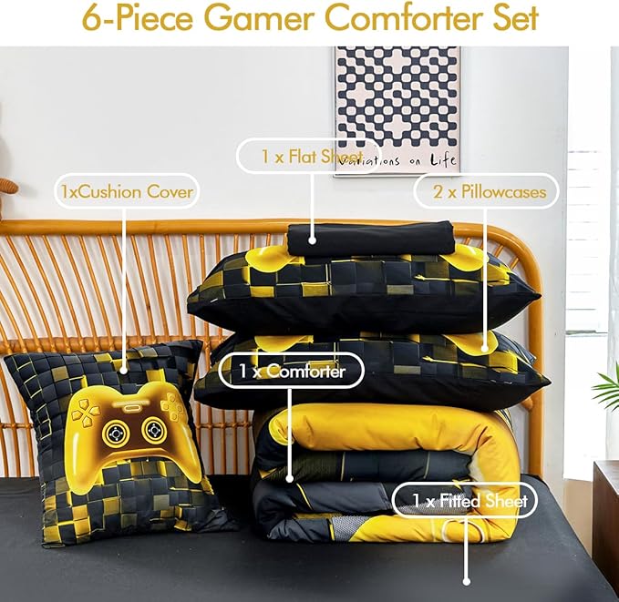 PERFEMET 6 Pcs Twin Bed in A Bag for Boys Girls Black Gold Video Game Comforter Set with Sheets Soft Cozy 3D Gamepad Gaming Bedding Set for All Seasons(Gold, Twin)
