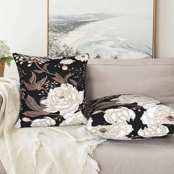 Vintage Peony Roses Floral Plant Throw Pillow Covers Set of 2 Chinoiserie White Flower Leaves Pillowcases Cushion Case Square for Soft Home Decor Bed Couch Car Living Room 18x18 Inch