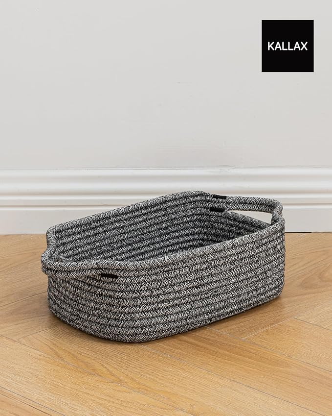 KALLAX Small Woven Basket, 12 x 8 x 4.5 Inches, Small Storage Baskets for Organizing, Gift Baskets Empty, Cute Rope Shelf Closet Storage Bins for Shelves, Dog Toy Basket, Mixed Black