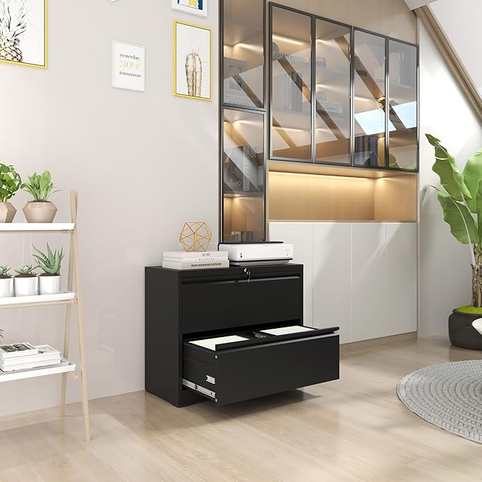 Lateral File Cabinet with Lock,2 Drawer Metal Filing Cabinets, Home Office Storage Cabinet for Hanging Files Letter/Legal/F4/A4 (Black)