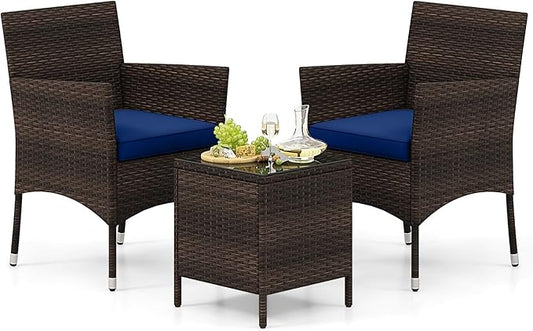Tangkula 3 Pieces Patio Rattan Furniture Set, Outdoor Conversation Set with PE Wicker Armchairs, Tempered Glass Top Coffee Table, Soft Removable Cushions, for Porch Garden Yard Balcony (Navy)