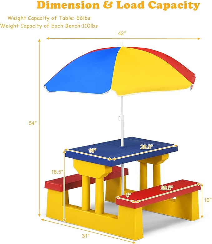 HONEY JOY Kids Picnic Table, Toddler Plastic Outdoor Table & Bench Set with Umbrella, Children Patio Furniture Set for Backyard Garden, Kids Picnic Tables for Outdoors, Gift for Boys Girls Age 3+