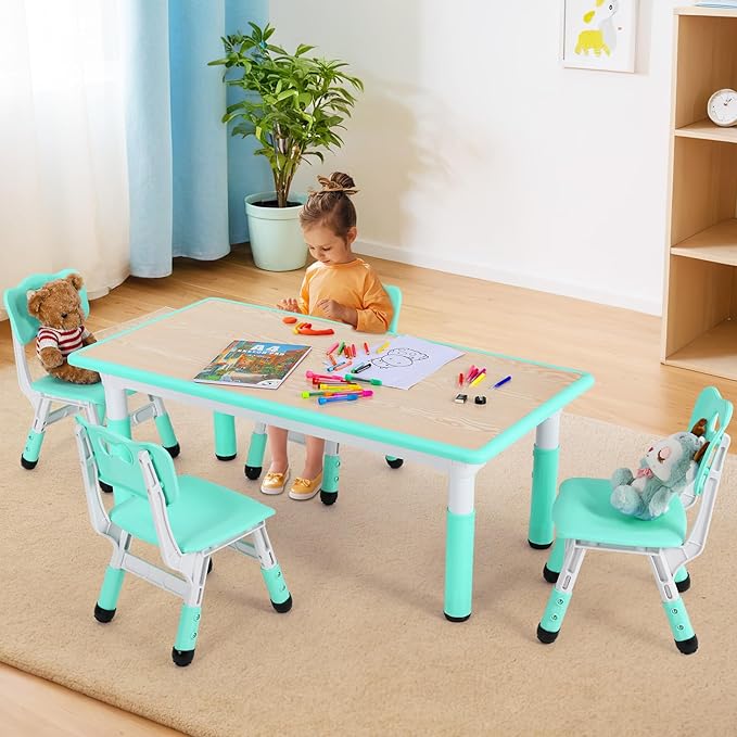 Arlopu Kids Table and 4 Chair Set, Height Adjustable Toddler Table and Chair Set, Non-Slip Legs, Graffiti Desktop, Large Children Activity Table, Reading Daycare Classroom Home (Light Green)