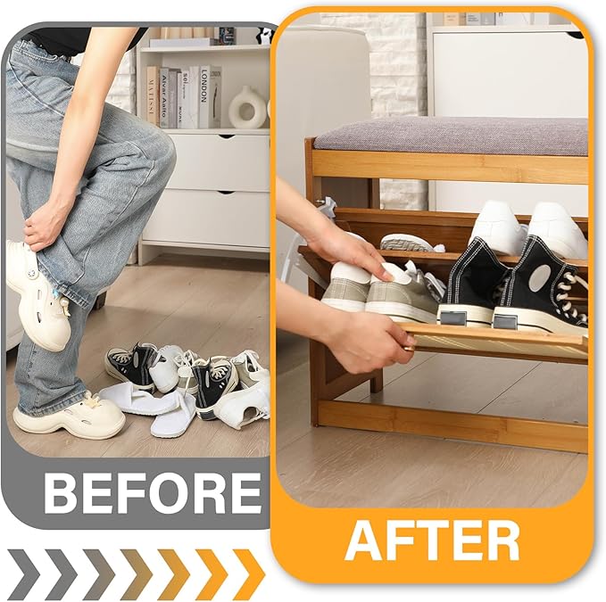 Rattan Small Entryway Bench with 2 Tie Flip Drawers Narrow Shoe Rack Bench for Wooden Shoe Organizer for Entryway Hallway Living Room Hallway Closet Rustic Oak Rattan, Suitable for US10 and Under