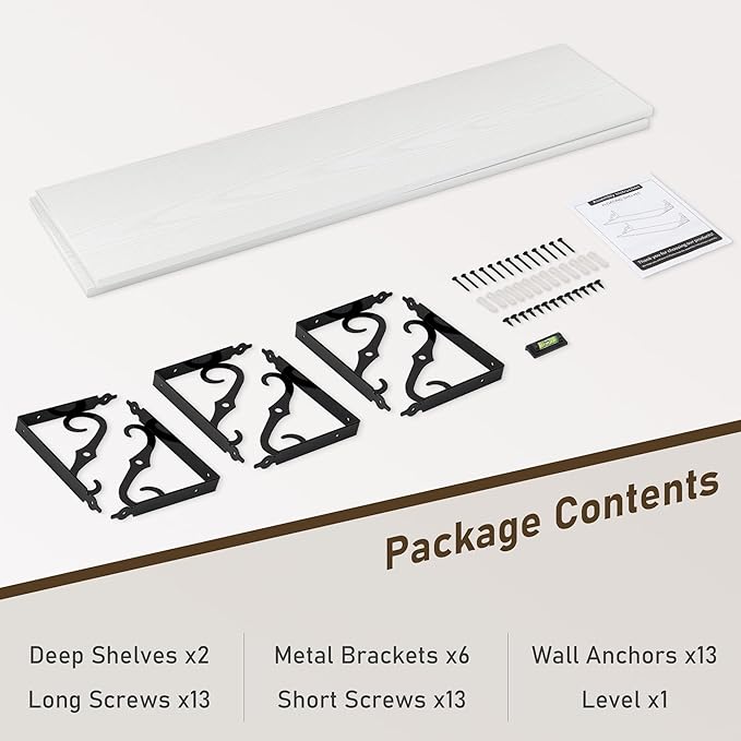 Deep Floating Shelves, 48" W x 12" D Wall Shelves Set of 2, Wide Display Shelf Wall Mounted with Brackets, Bookshelf for Living Room, Bathroom, Bedroom, White