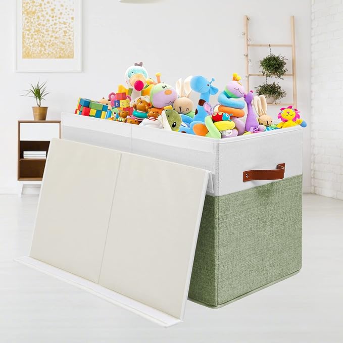 Large Toy Storage Box with Lid, Sturdy Toys Storage Chest Bin Organizer Basket with Dividers for Kids, Boys, Girls, Nursery, Closet, Bedroom, Playroom 25"x13" x16" (Green and White)