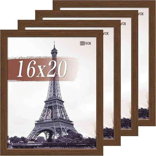 VCK 16x20 Picture Frame Set of 4 - Brown, Gallery-Quality Wood Poster Frames, 1.1-Inch Wide Border, Polished Plexiglass, Vertical or Horizontal Wall Display for Photo/Art/Prints, Brown
