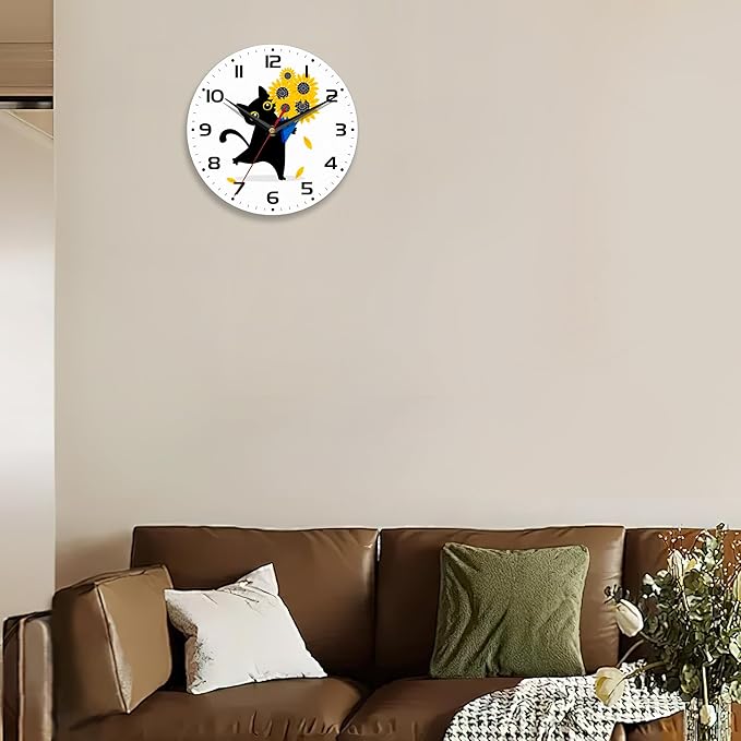 Wall Clocks,Black Cat Wall Clock Decorative,Sunflower Kitchen Wall Clock Battery Operated-10 Inch Round Bathroom Clocks Silent Non-Ticking