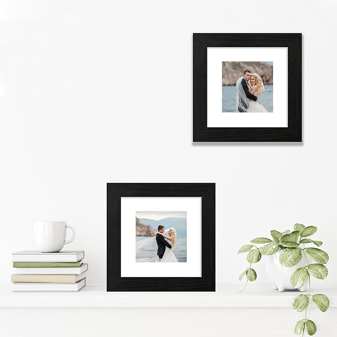 6x6 Picture Frame Set of 4 with High Definition Glass, Black Frames Display 4x4 Picture with Mat or 6 x 6 Without Mat, Square Wood Photo Frame for Wall Mount and Tabletop Display