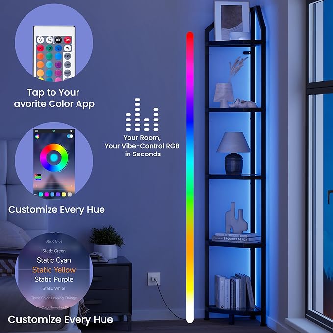 70 Inch Corner Shelf with LED Lights, 5-Tier Corner Bookshelf for Small Spaces, Wood & Metal Storage Rack for Bedroom, Living Room, Office - Modern Space Saving Design-Grey