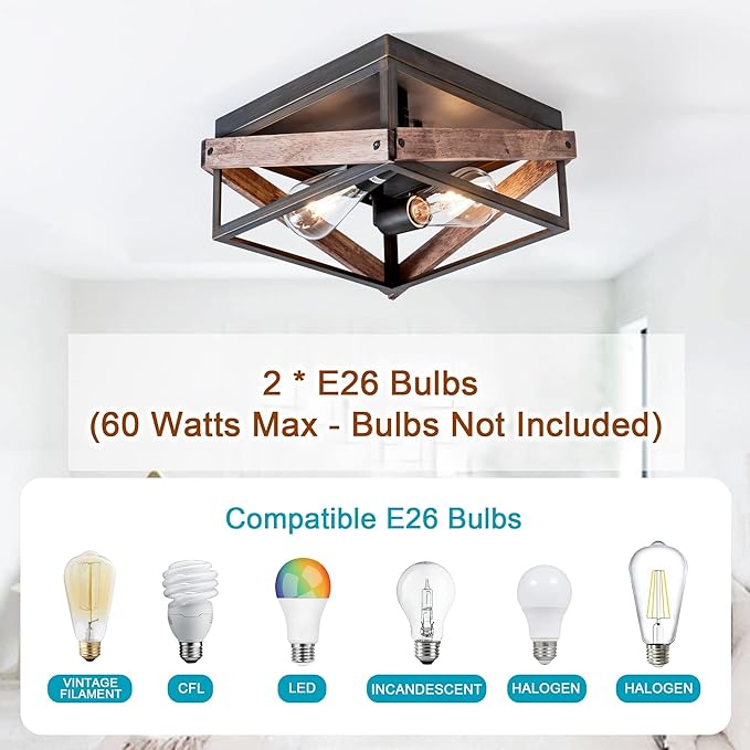 MAYNA 2-Light Rustic Ceiling Light Fixture, Farmhouse Flush Mount Ceiling Light, Metal and Wood Square Ceiling Lamp for Hallway Living Room Farmhouse, Antique Bronze Finish