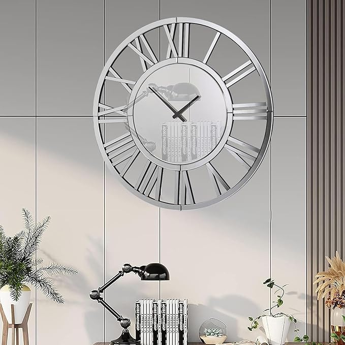 24" Large Wall Clock Decorative, Acrylic Mirrored Clock for Living Room Decor, Battery Operated Big Silver Modern Wall Clocks