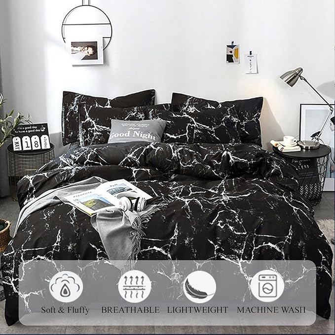 Black Marble Comforter Set King Size 3-Piece Bedding Set with 1 Soft Comforter and 2 Pillowcases Modern Luxury Style All Season for Cozy Sleep