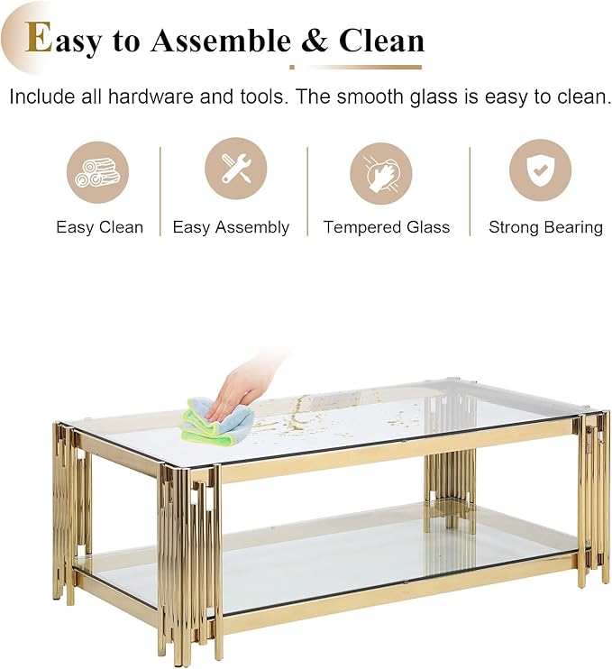 Glass Gold Coffee Table Set of 2,Modern Rectangle Coffee Table and Console Table w/Storage,Glass Coffee Table Set with Steel Frame,2 Pieces Living Room Table Set for Apartment Home Office