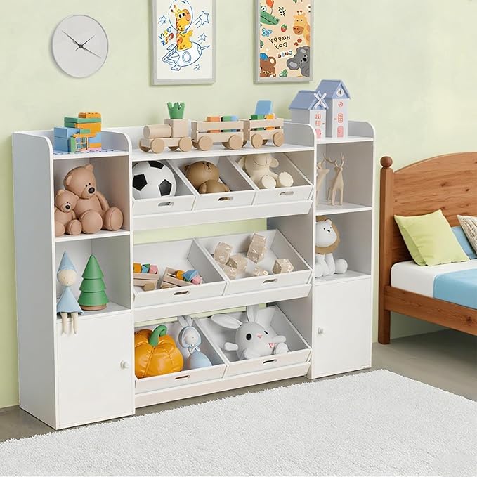 55.7''W Toy Storage Organizer with 7 Removable Bins & 4 Open Shelf,Large Kids Bookshelf and Toy Storage for Playroom, Kids' Room & Classroom,White