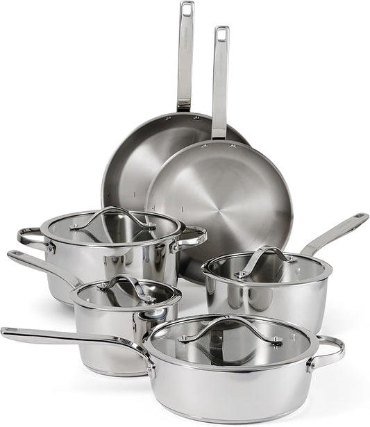 Tramontina Tempo Tri-Ply Base Stainless Steel 10-Piece Cookware Set with Glass Lids, Pots and Pans Kitchen Set, Induction-Ready, Oven-Safe, Dishwasher-Safe