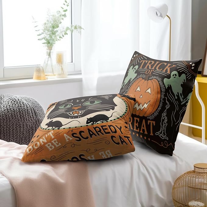 Kawani Halloween Pillow Covers 18x18 Set of 2 Vintage Halloween Decorative Scaredy Cats Pumpkins Trick Or Treat Throw Pillow Covers Farmhouse Pillowcases Cotton Cushion Cover Couch Bed Sofa Chair BZ