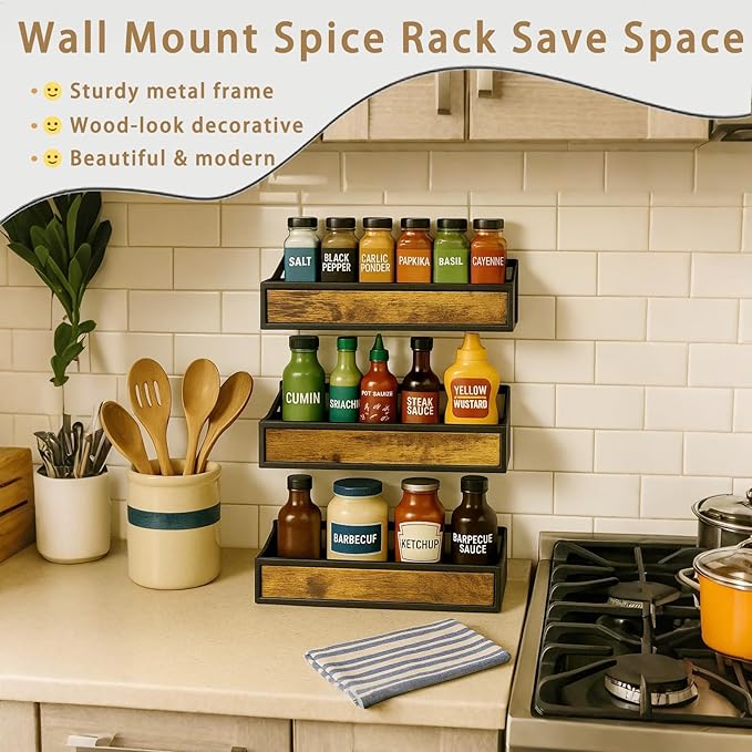 Spice Rack Wall Mount 6 Pack, Space-Saving Seasoning Organizer,Screw or Adhesive Hanging Spice Rack Organizer for Kitchen Cabinet and Wall (Engineered Wooden)