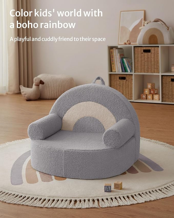 Blissful Diary Toddler Chair Comfy, Foam Kids Chair with Soft Teddy Plush, Toddler Reading Armchair for 1 2 3+ Year Old Girls Boys Baby Birthday Gift, Light Gray Arclet