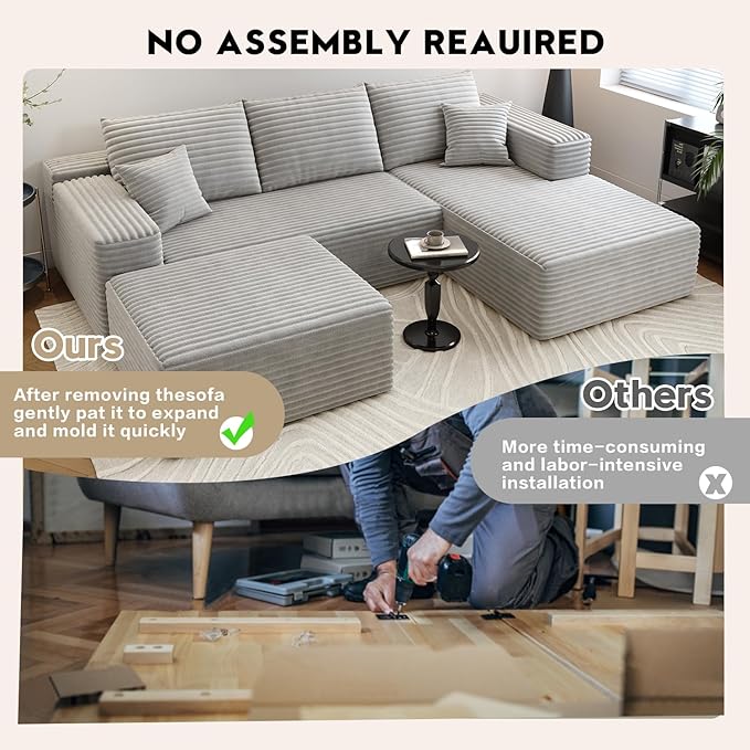 107.5" Cloud Sectional Couch with 1 Ottoman,Modern Modular Sofa with Deep Seat, Comfort U Shaped Sofa Couches for Living Room Bedroom Apartments,No Assembly Required, (Grey,Right Facing Chaise)
