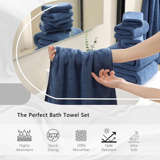 18 Piece Bath Towels Set,Soft Family Bathroom Towel Set with Hanging Loops-6 Bath Towels,6 Hand Towels,6 Washcloths,Highly Absorbent Quick Dry Shower Towel for Bathroom,Hotel,Spa-Navy Blue Towel Set