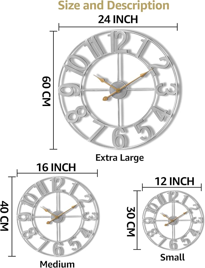 Sorbus 24-Inch Large Wall Clock – Decorative Silver Metal Clock with Gold Hands – Silent, Battery Operated, Modern Wall Decor for Living Room, Kitchen, or Office, Great Gift for Housewarming or Office