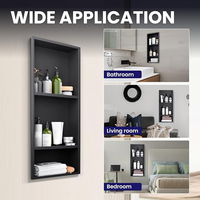 Stainless Steel Shower Niche 12" X 29",3-Tier Recessed Wall Niche No Tile Needed Shower Shelf for Bathroom Storage (4x12x29 Black)
